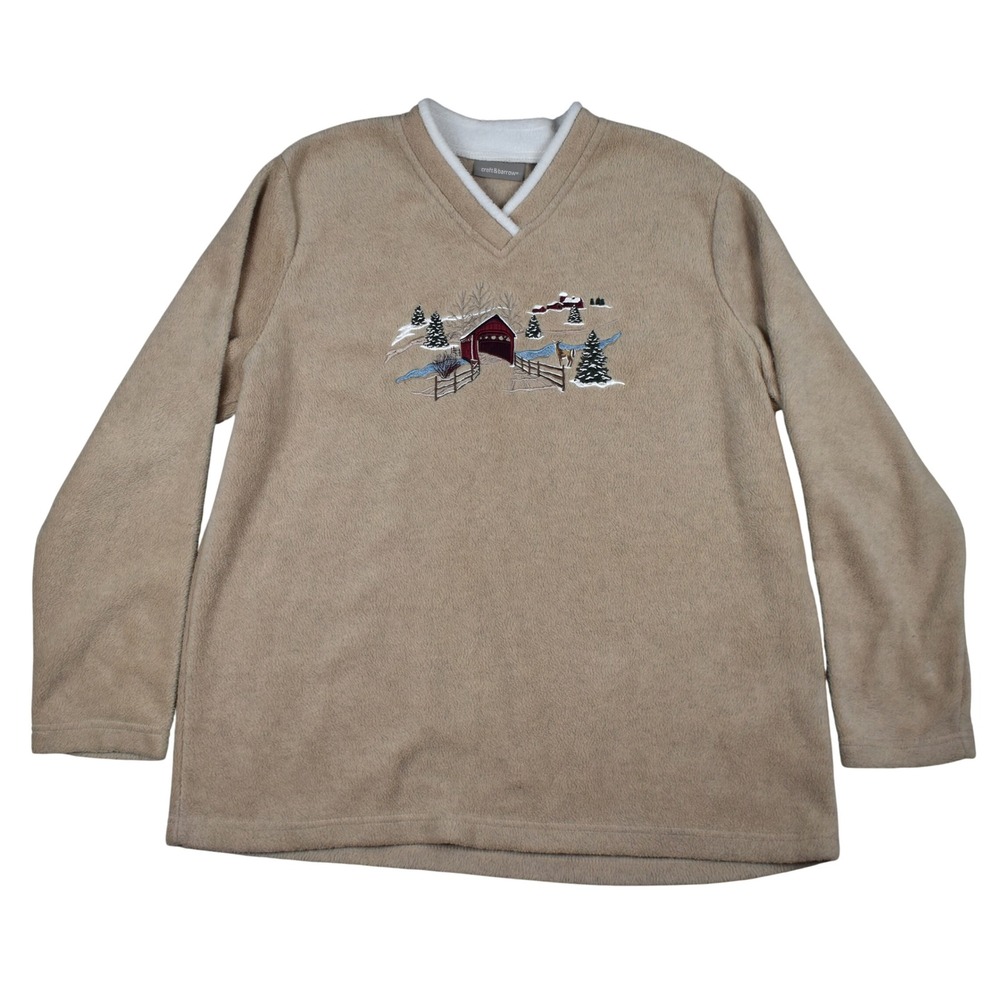 Fleece Pullover Sweatshirt Embroidered Winter Scene Beige Y2K Cozy Grannycore XL